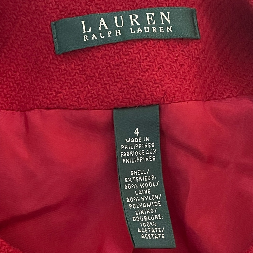 Lauren Ralph Lauren Red Wool Blend Women's Blazer Sz 4 Zipper Jacket Collarless - Picture 12 of 13